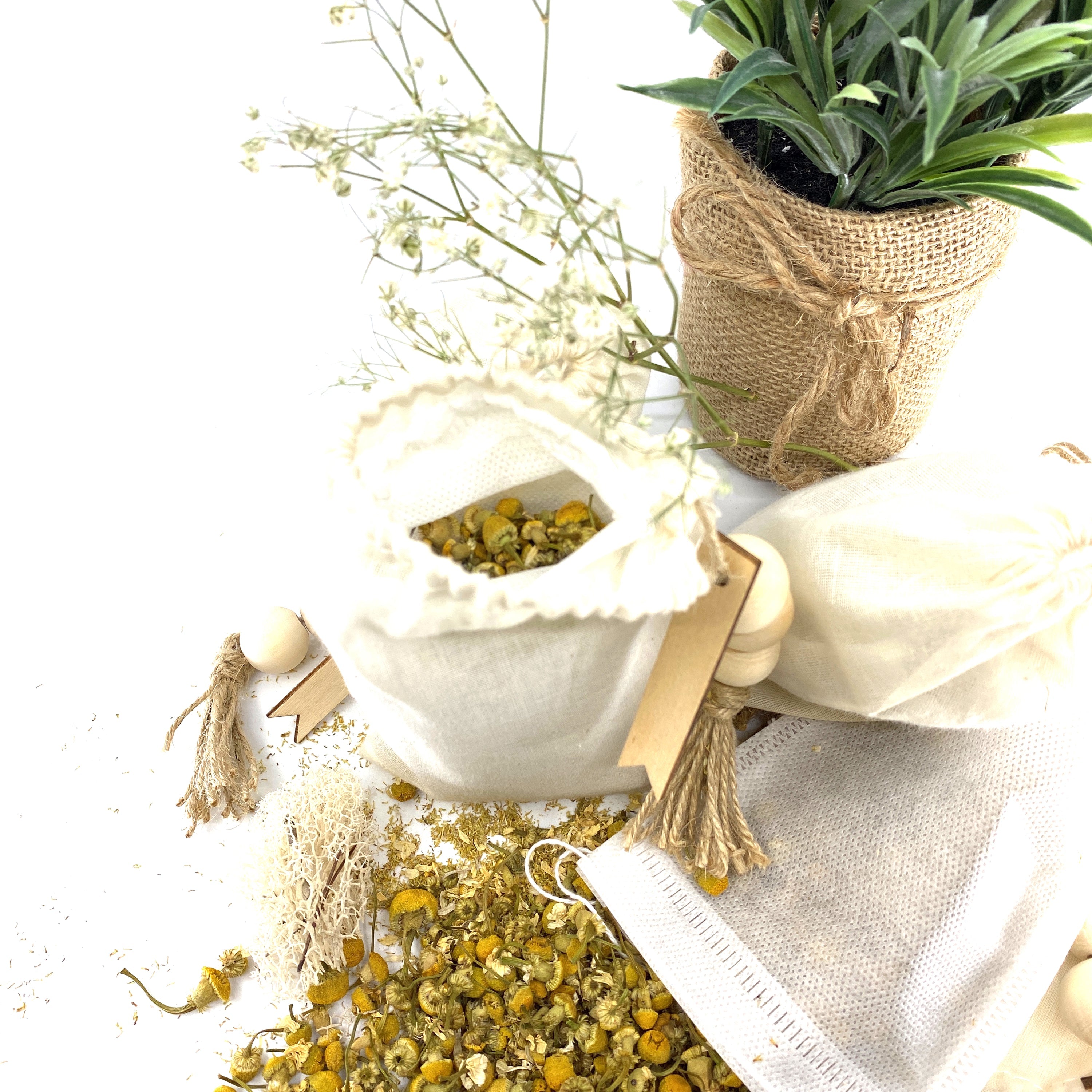 100% Naturally Dried Chamomile Flowers, Jute & Wooden Beaded