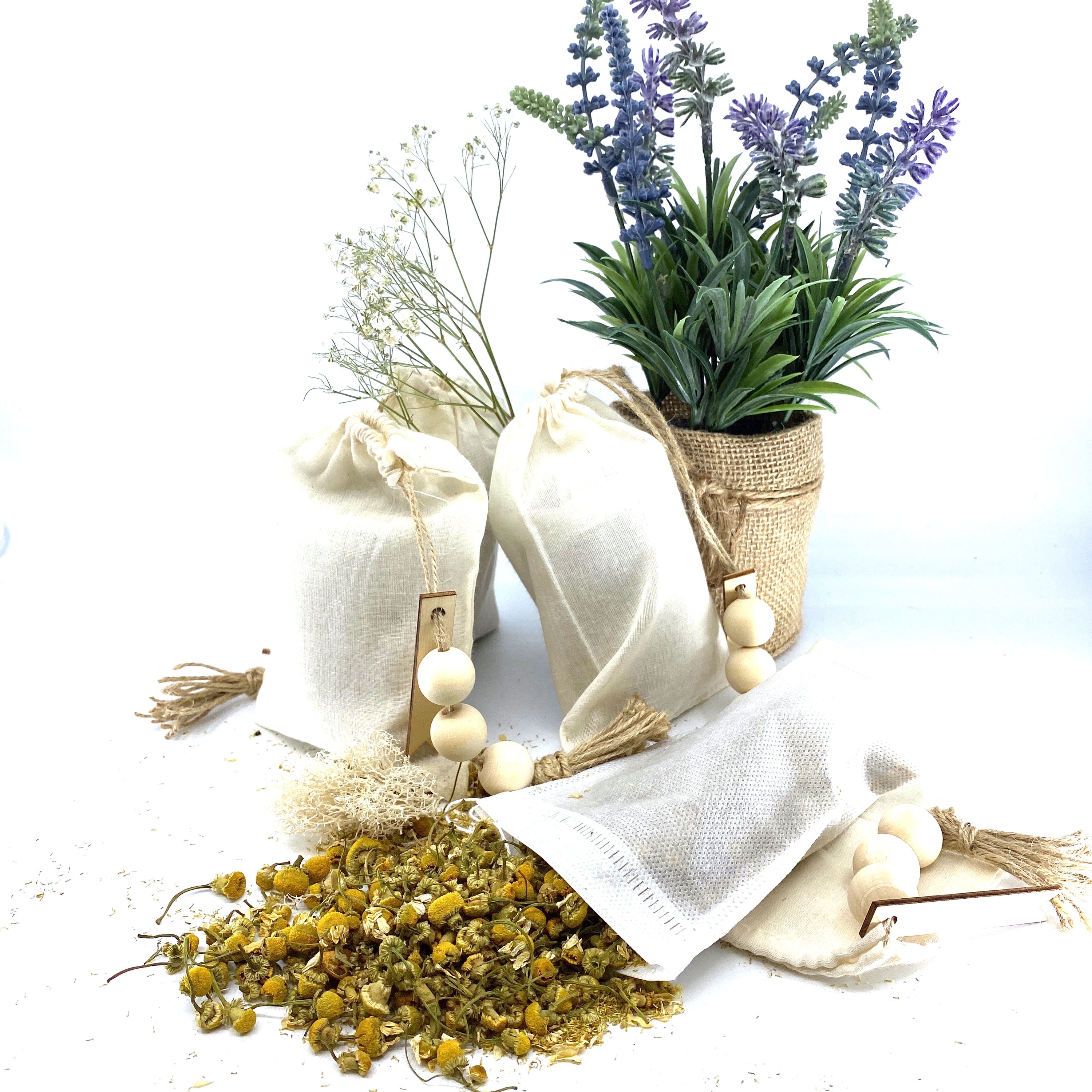 100% Naturally Dried Chamomile Flowers, Jute & Wooden Beaded